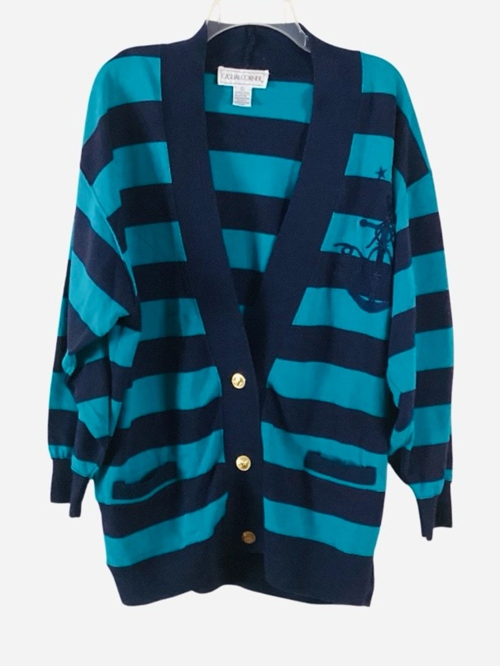 Casual Corner Vintage 90s Nautical Anchor Sweater Cardigan Large Stripes